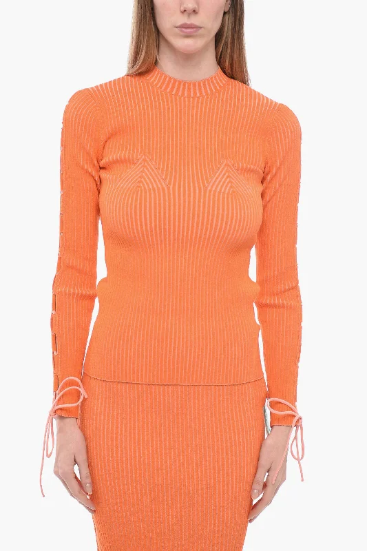 Off-White Ribbed VANISE Sweater With Lace Up Detail Ribbed Striped Patterned