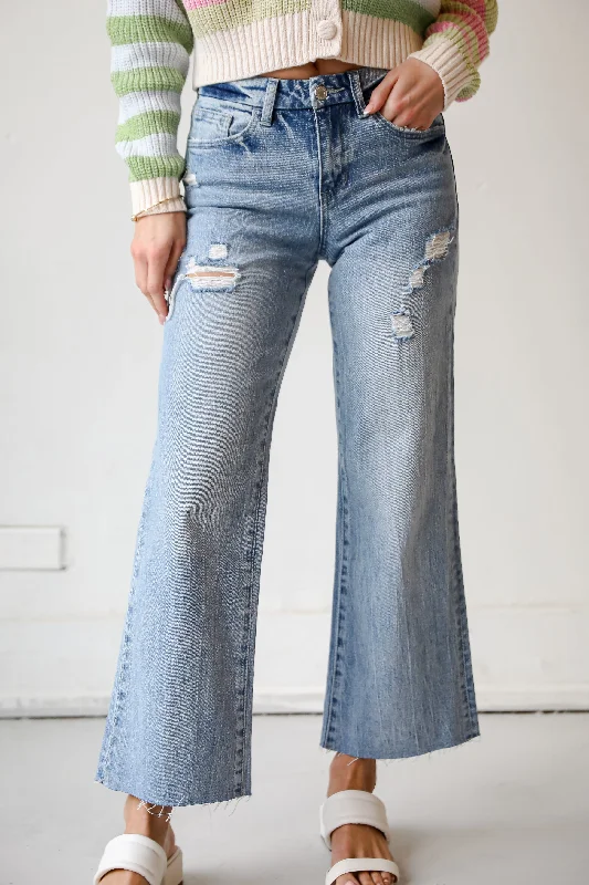 Olivia Medium Wash Distressed Wide Leg Jeans Fashionable Slim Fit Jeans