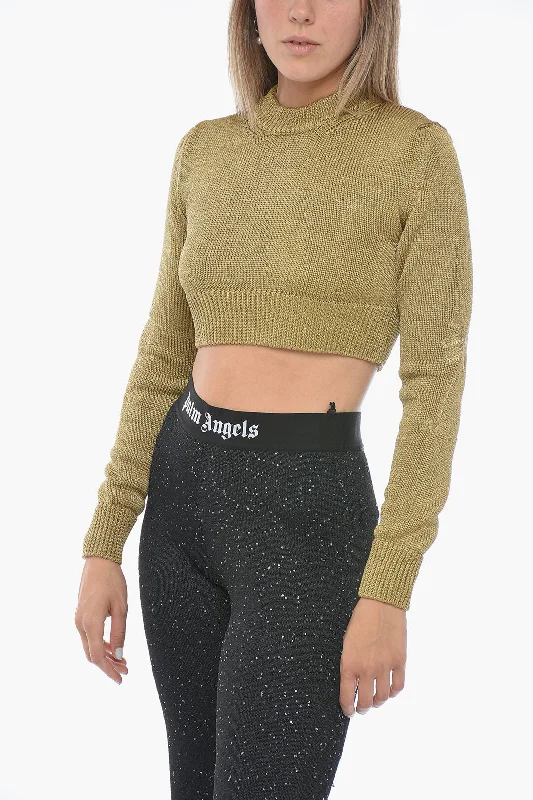 Palm Angels Crew Neck Crop Lurex Sweater with Ton sur Ton Embroideries Mesh Blend Leather Blend Suede Blend