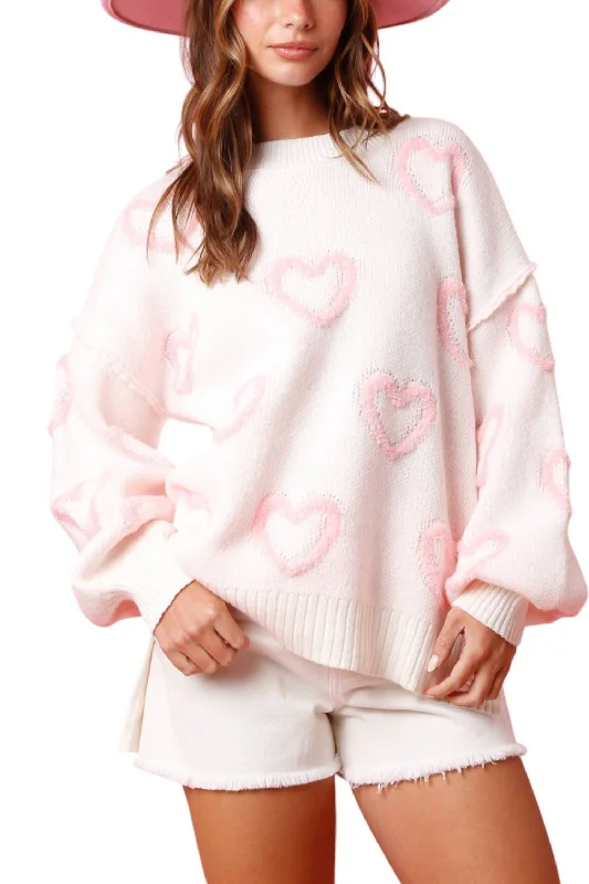 Puff Hearts Sweater In Pink Slim Fit Regular Fit Oversized