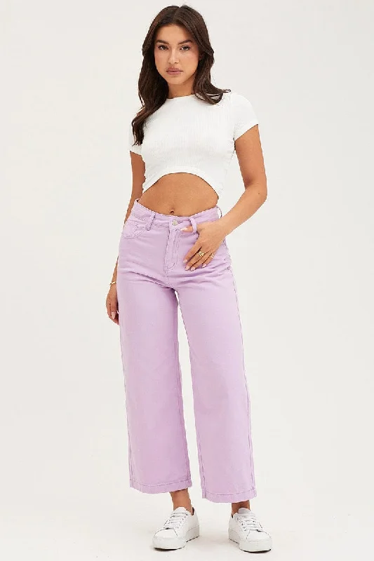 Purple Denim Jeans Wide Leg High Rise Cropped Casual Bootcut Ripped Jeans