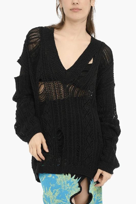 RAMAEL Perforated V-Neck Maxi Sweater With Cut-Out Details Ribbed Striped Patterned