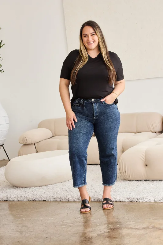 Tummy Control High Waist Raw Hem Jeans Comfortable Straight-Legged Denim