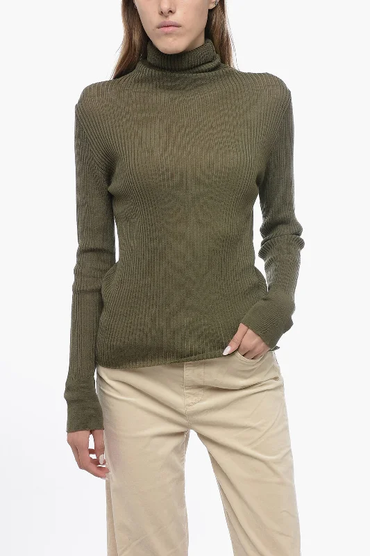 Roberto Collina Ribbed MerinoWool Turtleneck Sweater Zippered Front Buttoned Front Snap Front