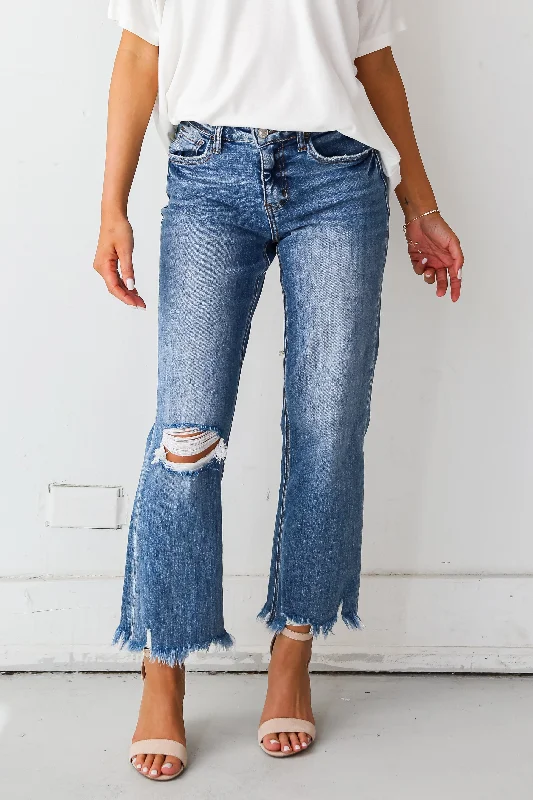 Sadie Medium Wash Distressed Dad Jeans Comfortable Drawstring Waist Jeans