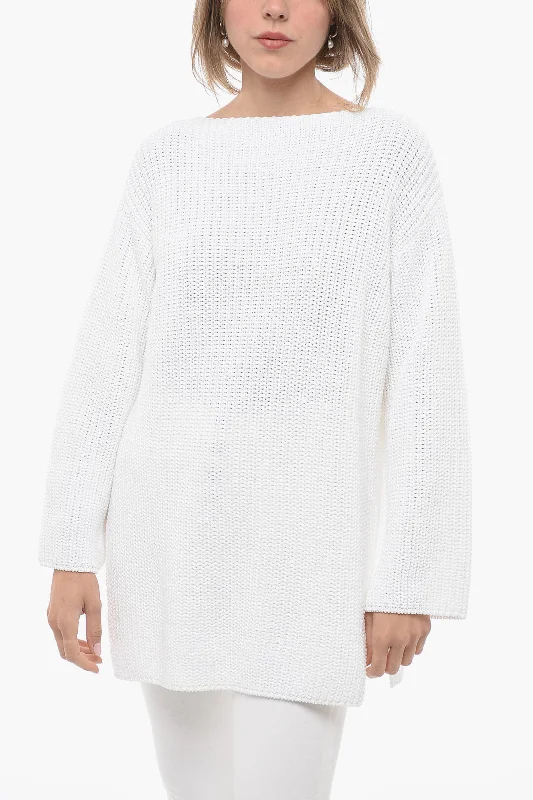 Salvatore Ferragamo Crew Neck Pure Cotton Sweater with Side Splits Handmade Hand-knitted Hand-woven