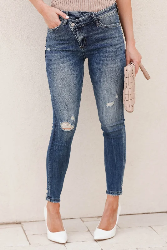 Sky Blue Asymmetric Button Zip Fly Distressed Skinny Jeans Fashionable Cropped Denim Jeans Sky Blue Asymmetric Button Zip Fly Distressed Skinny Jeans Fashionable Cropped Denim Jeans