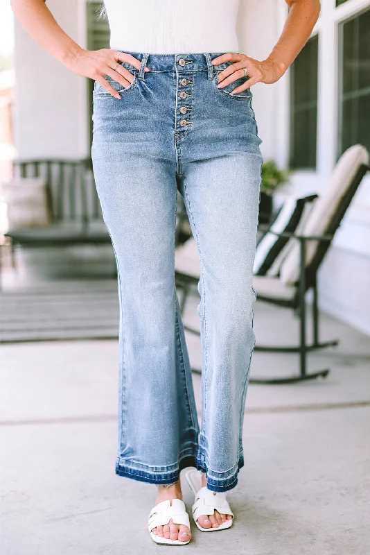 Sky Blue High Waist Buttoned Distressed Flared Jeans Elegant Raw Hem Jeans