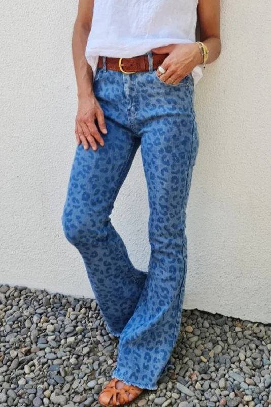 Sky Blue Leopard Print Raw Hem High Waist Flare Jeans Comfortable Stretch Fit Jeans