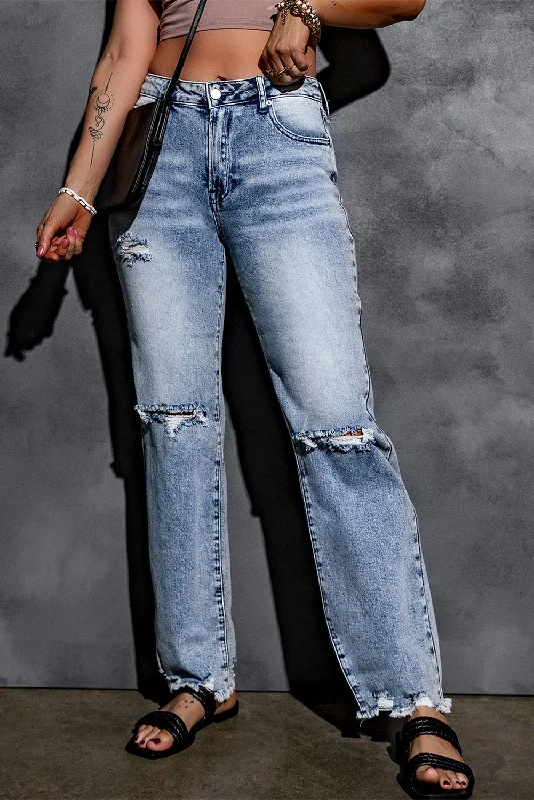 Sky Blue Washed Ripped Wide Leg High Waist Jeans Casual Bootcut Ripped Jeans