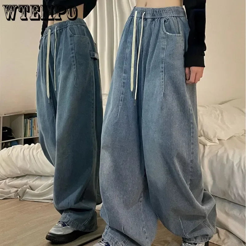 Spring Women Vintage Baggy Jeans Elastic Waist Oversized American Trouser Elegant Dark-Wash Bootcut Jeans