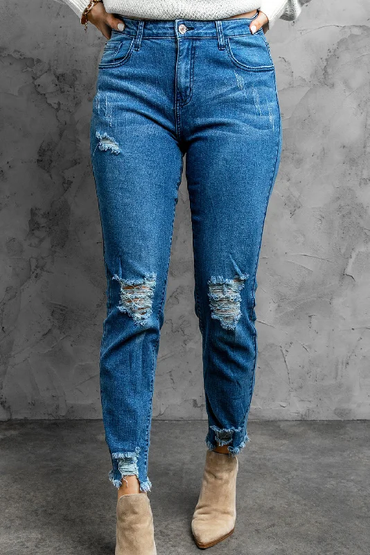 Stylish Distressed Cropped Jeans Trendy Flared Leg Jeans