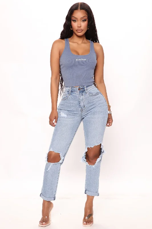 Tabloid Starlet Ripped Mom Jeans - Light Blue Wash Comfortable Mid-Rise Jeans