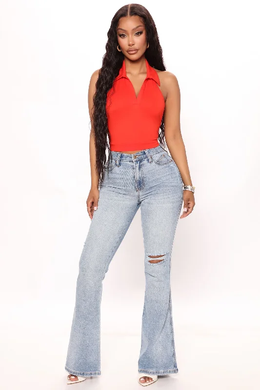 Two Step Distressed Flare Jeans - Light Blue Wash Trendy Flared Leg Jeans
