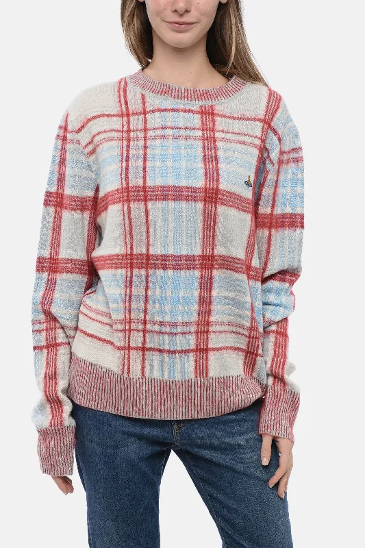 Vivienne Westwood Crew Neck Cotton Blend Sweater with Plaid Check Motif Fleece Fabric Down Fabric Feather Fabric