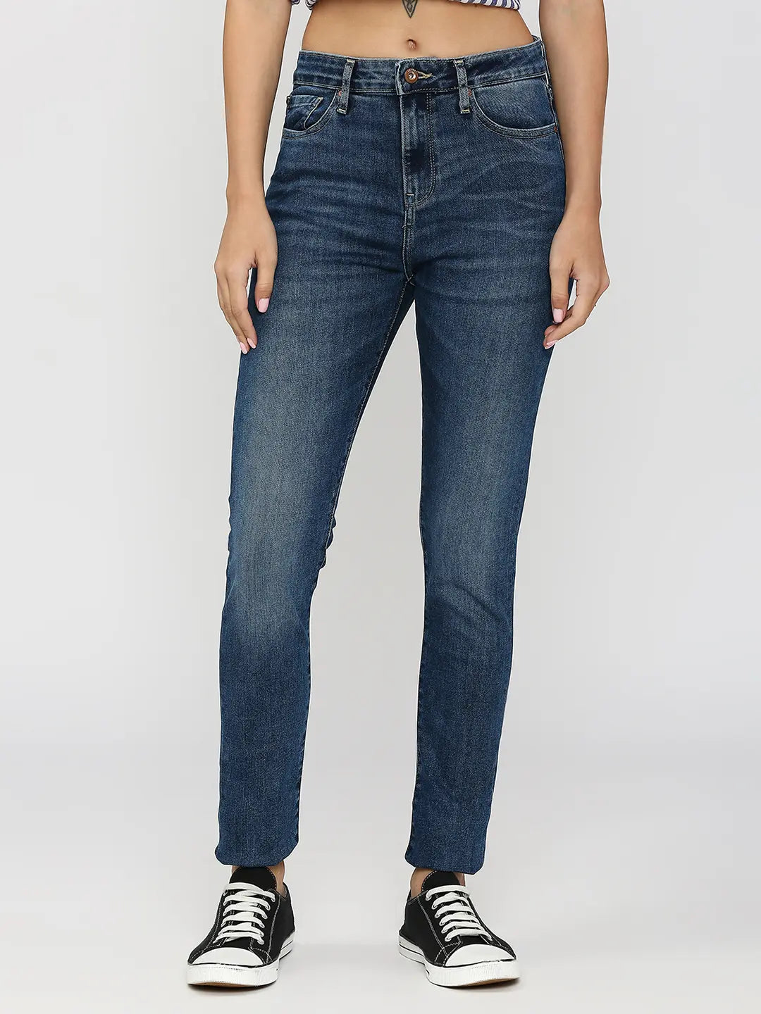 Spykar Women Mid Blue Cotton Skinny Fit Ankle Length Clean Look Mid Rise Jeans (Adora) Stylish Bootcut Denim Jeans Spykar Women Mid Blue Cotton Skinny Fit Ankle Length Clean Look Mid Rise Jeans (Adora) Stylish Bootcut Denim Jeans