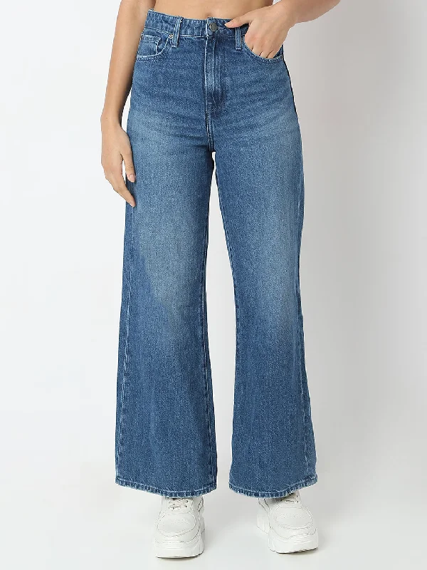 Spykar Mid Blue Wide Leg High Rise Jeans For Women Stylish High-Rise Mom Jeans