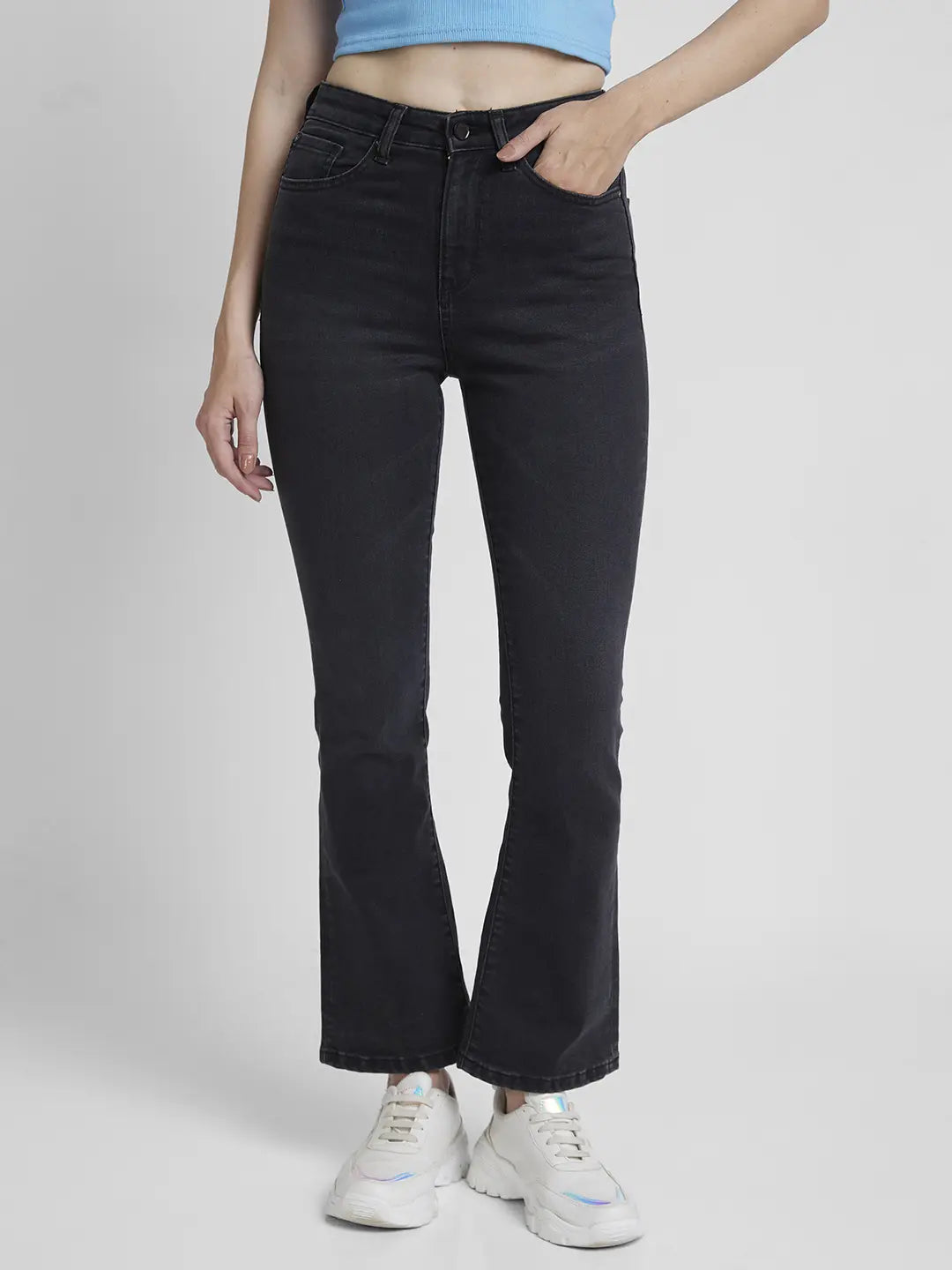 Spykar Women Black Lycra Bootcut Fit Ankle Length Clean Look Jeans -(Elissa) Chic Double Waistband Jeans Spykar Women Black Lycra Bootcut Fit Ankle Length Clean Look Jeans -(Elissa) Chic Double Waistband Jeans