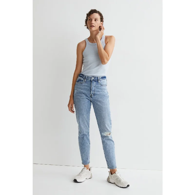 HM Slim Mom High Jeans Fashionable Raw Edge Jeans