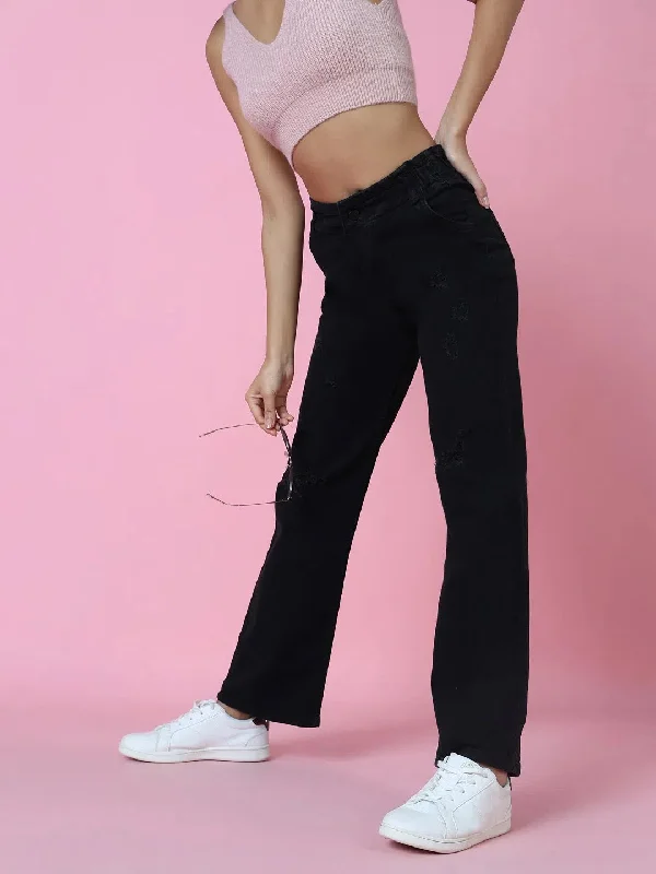 Women Black Solid Wide Leg Denim Jeans-GZ-5604-Black Chic Dark-Wash Skinny Jeans