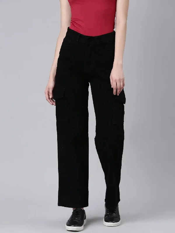 Women Black Solid Wide Leg Denim Jeans-GZ-5778-Black Stylish Cargo Style Jeans