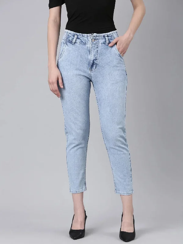 Women Blue Solid Mom Fit Denim Jeans-GZ-5491-Blue Trendy Flared Leg Jeans