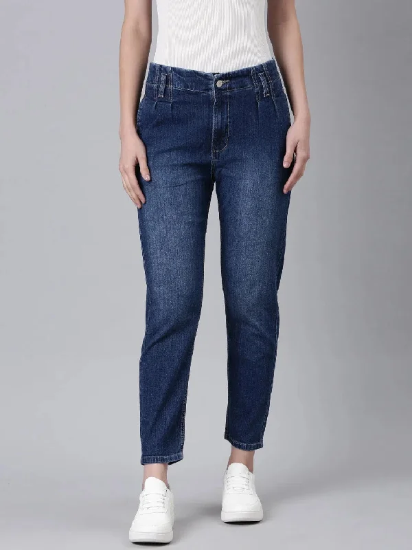 Women Navy Blue Solid Mom Fit Denim Jeans-GZ-5492-Navyblue Chic Cropped Jeans