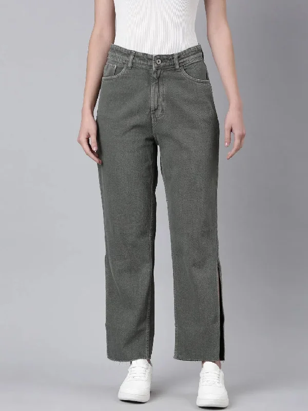 Women Olive Solid Wide Leg Denim Jeans-GZ-5594-2-Olive Comfortable Ankle Jeans