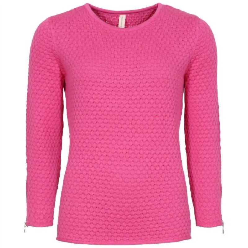 Women's 3/4 Sleeves Jumper In Hot Pink Graphic Sweater Embroidered Appliqued