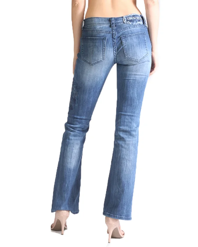 Women's Dark Embroidered Easy Bootcut Jeans Chic Faded Blue Jeans
