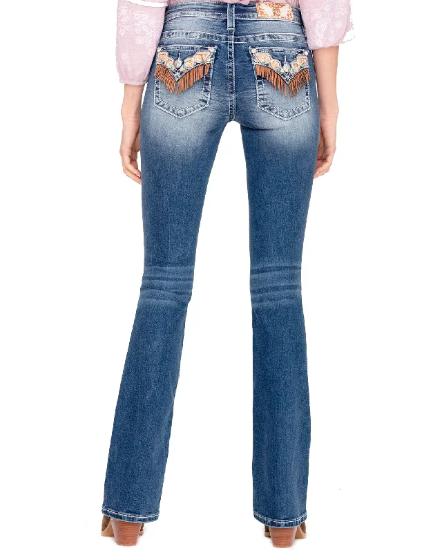 Women's Forever Fringe Bootcut Jeans Stylish Paperbag Waist Denim