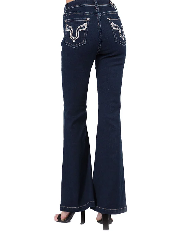 Women's High Waist Dark Flare Jeans Stylish Shredded Denim Jeans