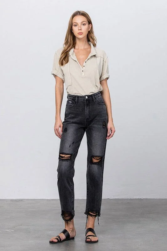 Insane Gene High Waist Mom Fit Black Ankle Jeans Stylish High-Waisted Denim