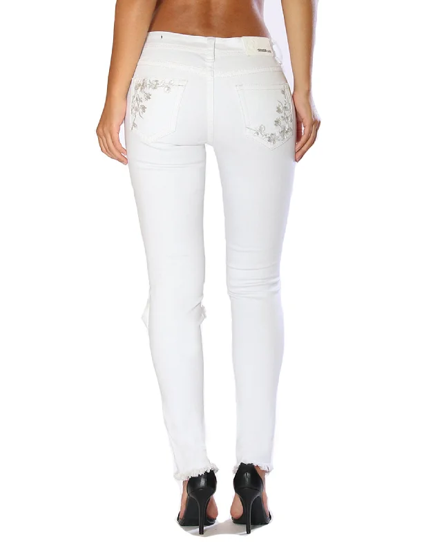 Women’s White Lace Detail Skinny Jeans Comfortable Folded Hem Jeans