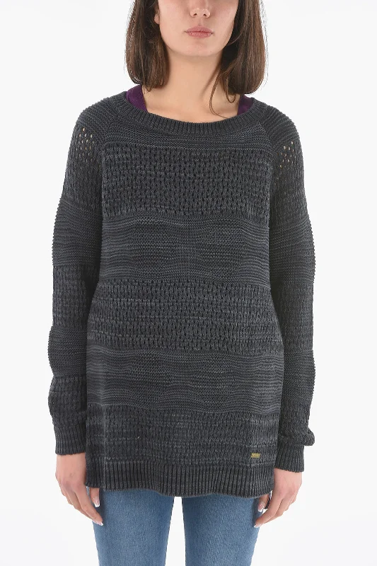 Woolrich Perforated Crew-Neck Sweater with Side Split-Hem Mesh Sweater Canvas Denim