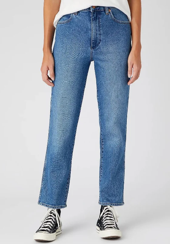 Wrangler Wild West 603 Straight Leg Jeans, Mid Blue Fashionable Distressed Jeans