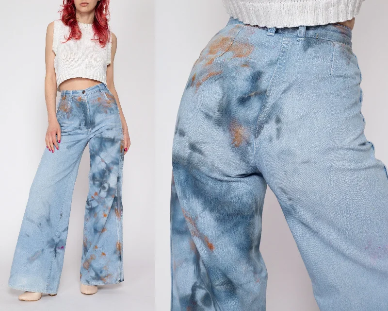XXS 70s Tie Dye Flared Sailor Jeans 22" Comfortable Zip-Fly Denim Jeans