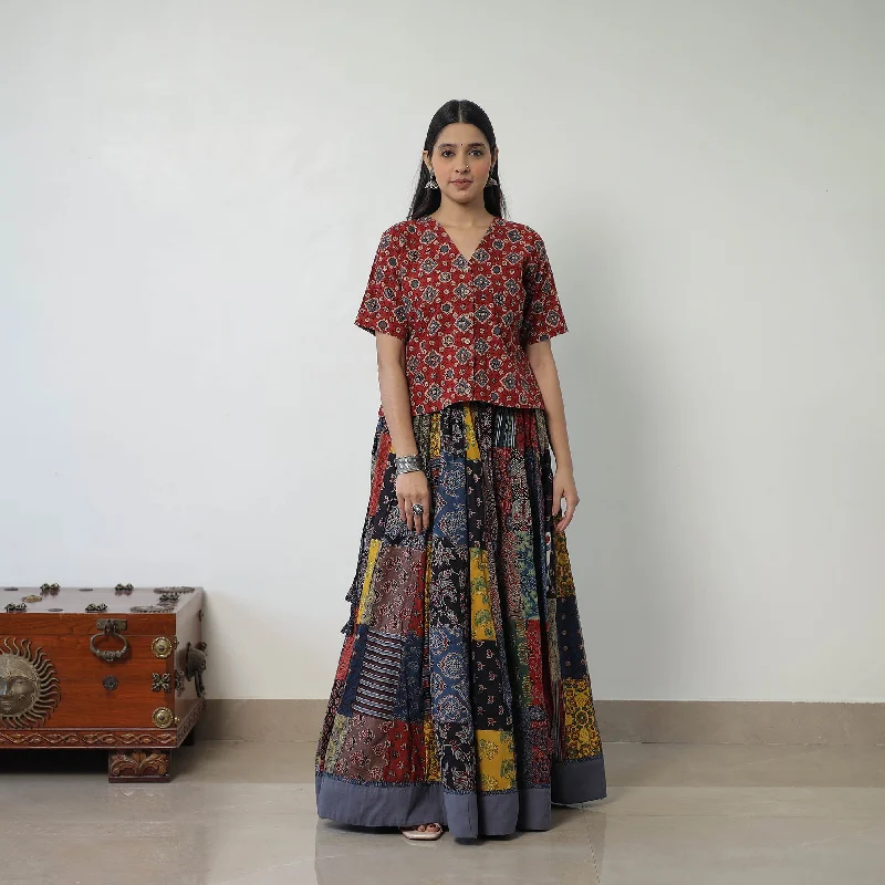 Multicolor - 24 Kali Patchwork Block Printed Cotton Ajrakh Skirt 52 corduroy skirt durable