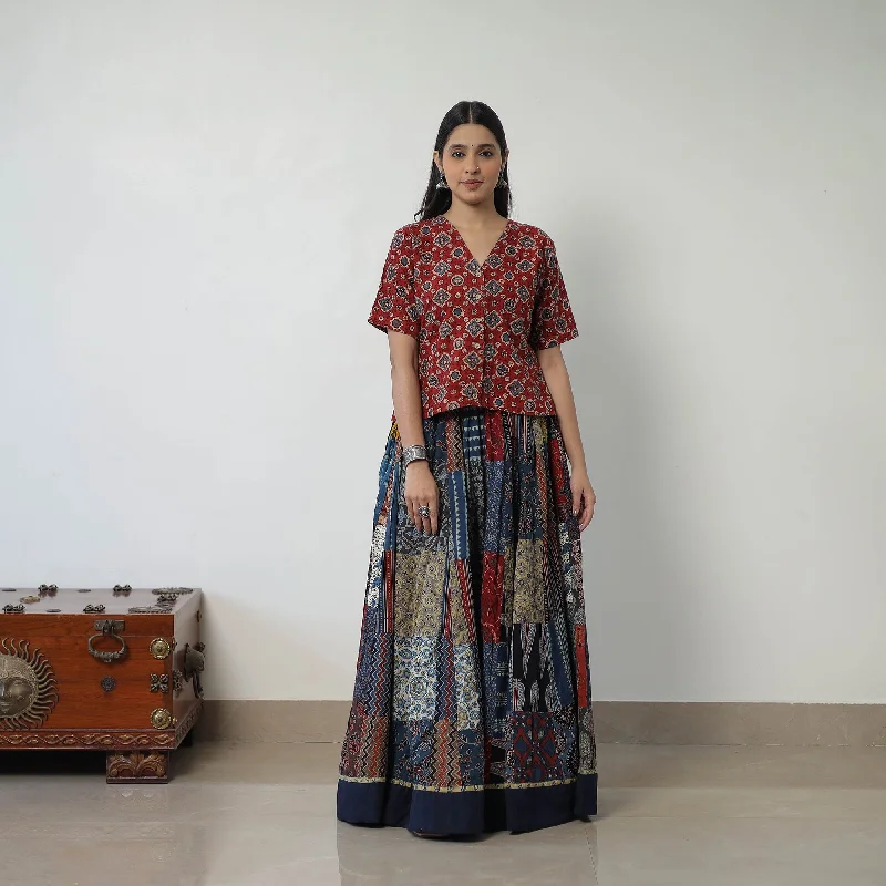 Multicolor - 24 Kali Patchwork Block Printed Cotton Ajrakh Skirt 55 silk skirt lustrous