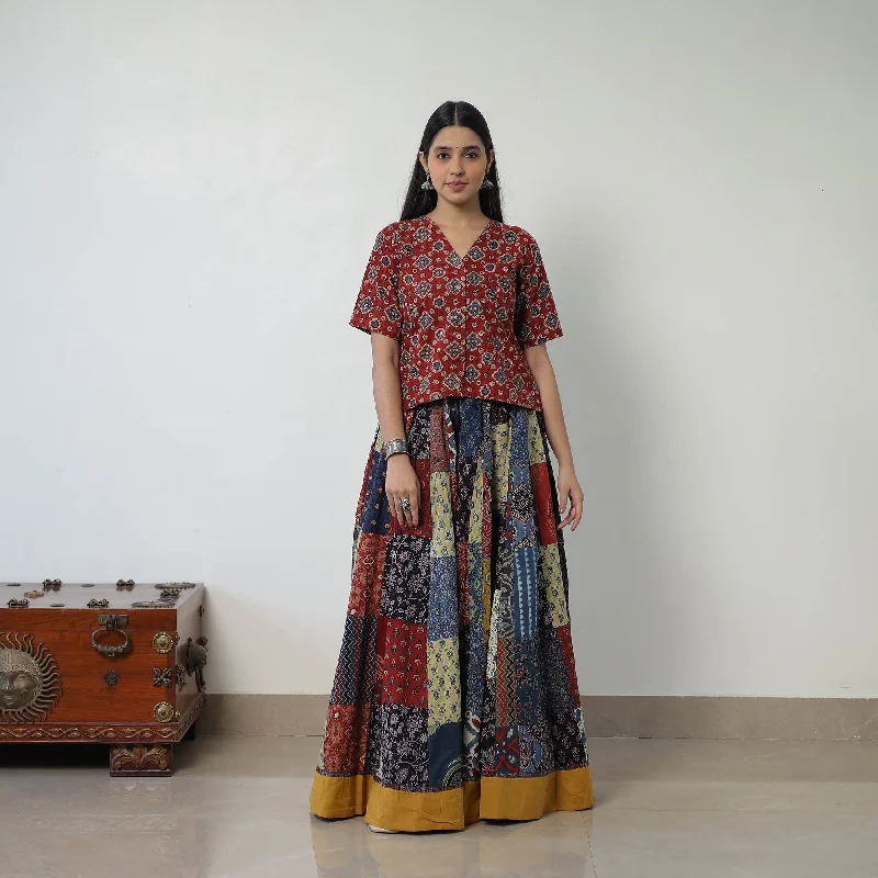 Multicolor - 24 Kali Patchwork Block Printed Cotton Ajrakh Skirt 56 velvet skirt luxury