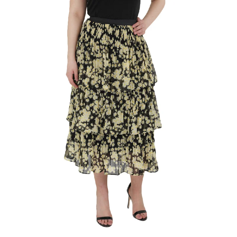 Women's Ruffle Midi Skirt,Yellow/Black patchwork skirt art