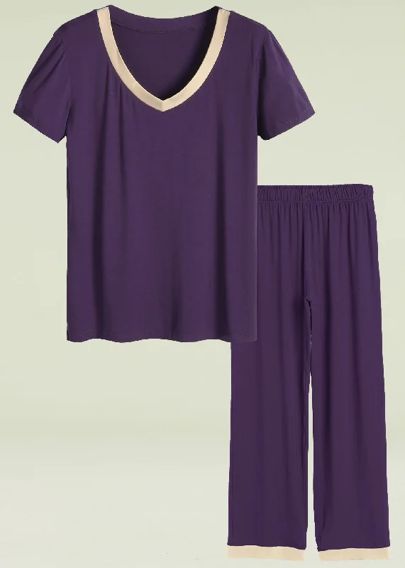 Women's Petite Size Pajama Pants Set Short Sleeve Sleepwear Comfortable Denim Pants
