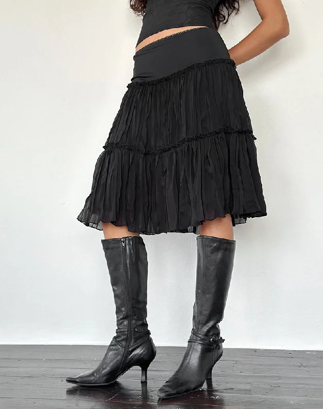 Anahita Tiered Skirt in Chiffon Black silk skirt lustrous