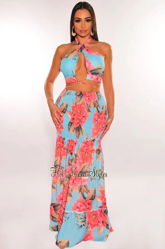 Aqua Floral Print Halter Cross Tie Up Smocked Maxi Skirt Two Piece Set linen skirt relaxed