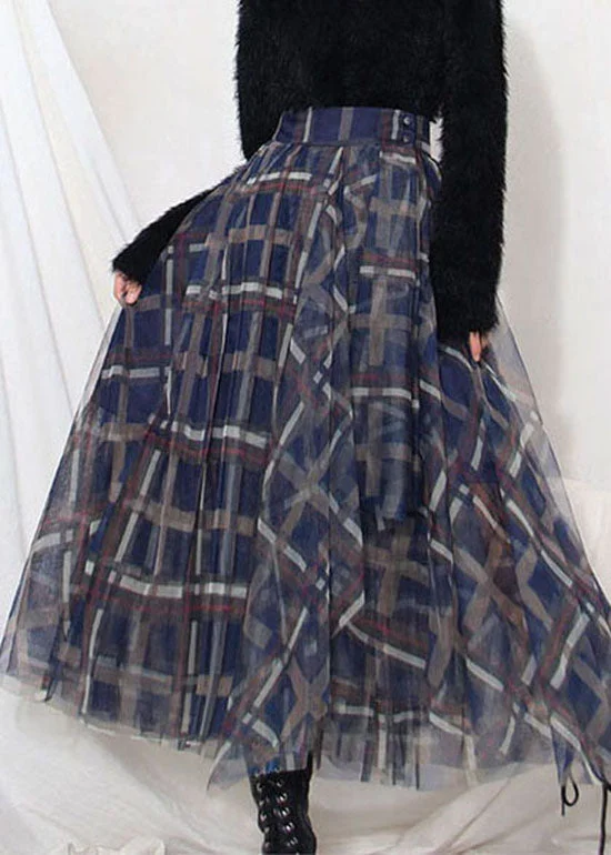 Art Blue Plaid Patchwork Tulle cirlce Skirt Spring chiffon skirt flowing