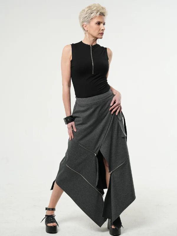 Asymmetric Gray Long Skirt with Zippers lace skirt romantic