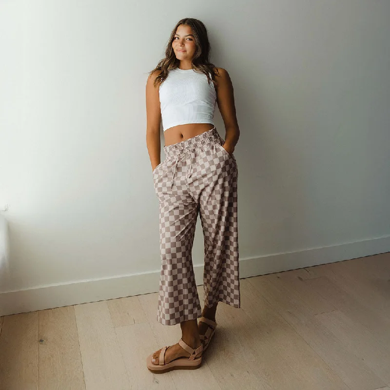 Audrey Wide Leg Pants, Brown Checkers Fashionable Track Pants