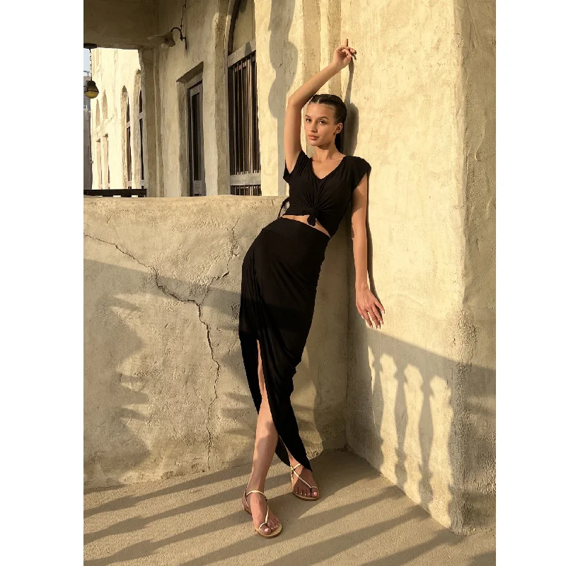 Black Modal Jersey Side Drape Skirt denim skirt fashionable