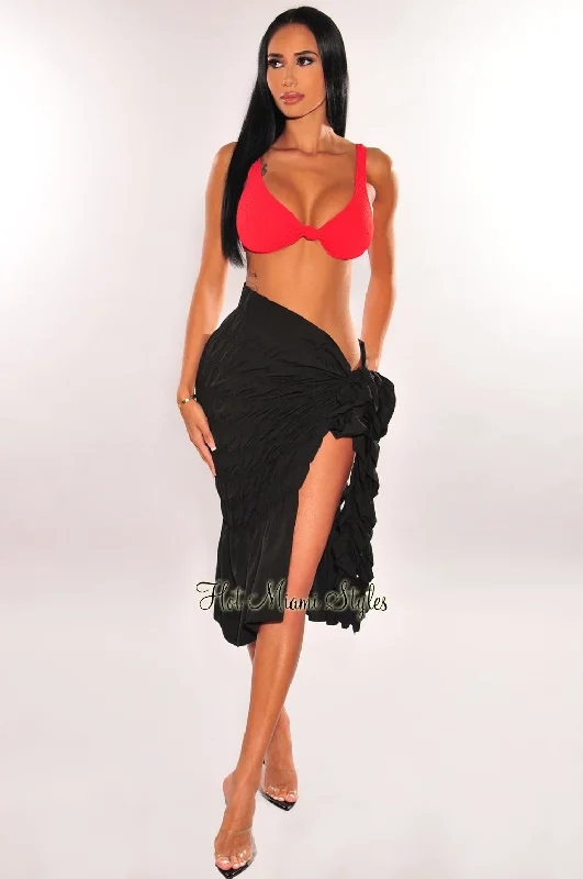 Black Smocked Tie Up Ruffle Skirt Cover Up denim skirt fashionable