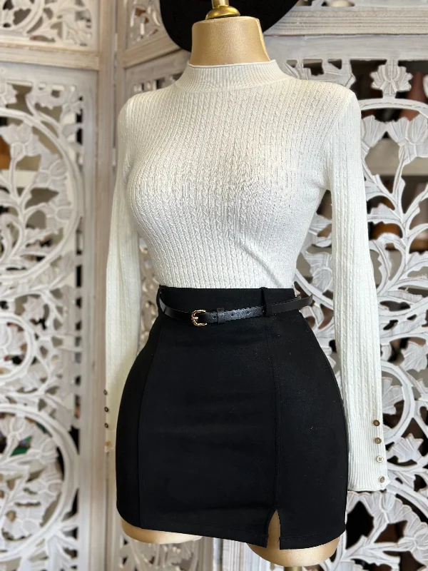 Black Suede Mini Skirt with Belt linen skirt relaxed